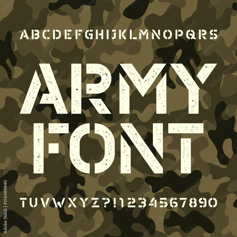 Army stencil alphabet font. Messy type letters and numbers on green ...