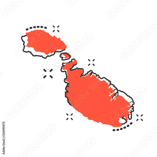 Vector cartoon Malta map icon in comic style. Malta sign illustration pictogram. Cartography map business splash effect concept.