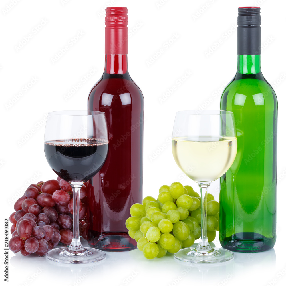 Fototapeta premium Wines wine tasting collection bottle red white green alcohol grapes isolated
