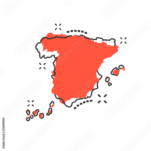 Vector cartoon Spain map icon in comic style. Spain sign illustration pictogram. Cartography map business splash effect concept.