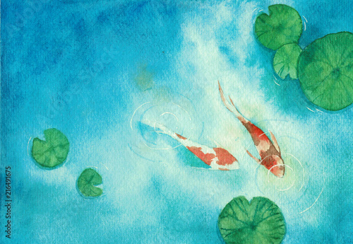 Watercolor hand painting, two koi carp fish in pond, symbol of good luck and prosperity photo