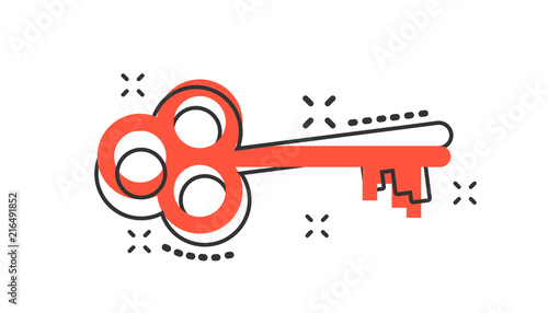Vector cartoon key icon in comic style. Secret keyword sign illustration pictogram. Key business splash effect concept.