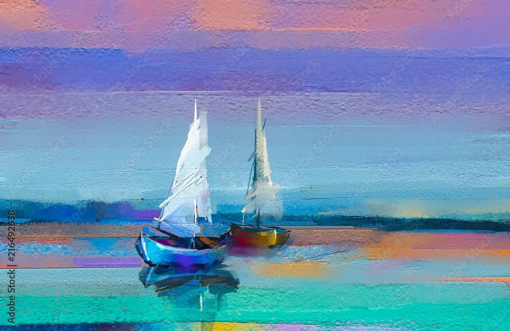 Fototapeta premium Colorful oil painting on canvas texture. Impressionism image of seascape paintings with sunlight background. Modern art oil paintings with boat, sail on sea. Abstract contemporary art for background