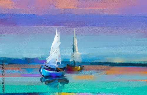 Obraz Impresjonizm, pejzaż morski na tle światła słonecznego z łodzią pływającą po morzu