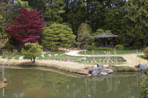Sendai, Japan, Garden in Rinnoji temple. Buddhist temple with a beautiful garden and pagoda. photo