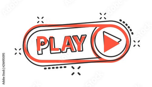 Vector cartoon play button icon in comic style. Play video sign illustration pictogram. Media panel business splash effect concept.