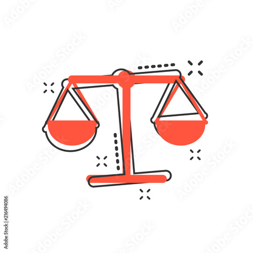 Vector cartoon scale weigher icon in comic style. Weigher sign illustration pictogram. Balance business splash effect concept.