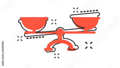 Vector cartoon scale weigher icon in comic style. Weigher sign illustration pictogram. Balance business splash effect concept.