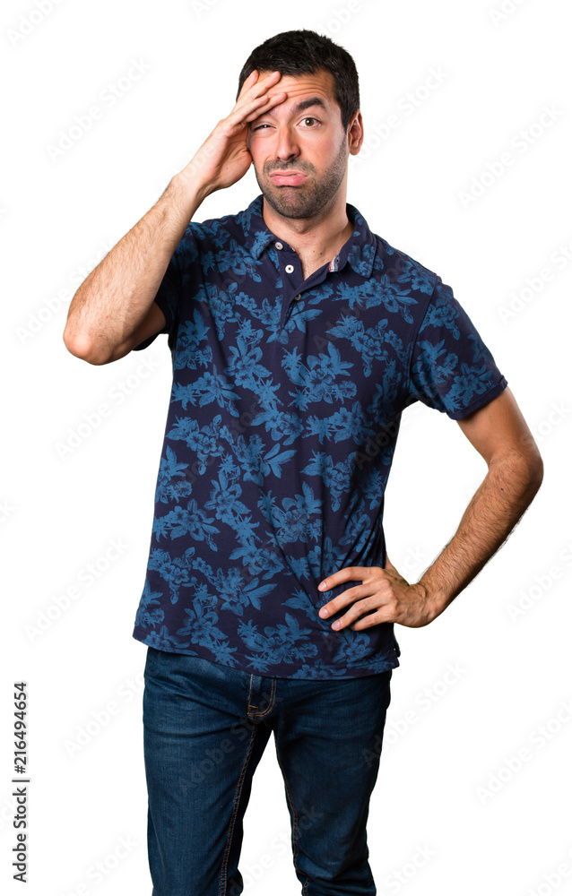 Fototapeta premium Tired brunette man on white background