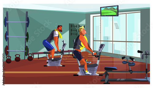 Athletic men training on fitness equipment vector illustration. Sporty guys spinning on bike in gym. Lifestyle concept
