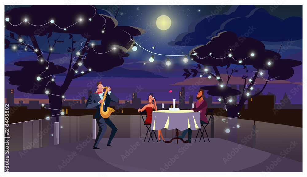 Couple at romantic dinner vector illustration. Lovers sitting at table and listening to saxophone player. Romantic date on roof concept