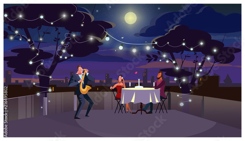 Couple at romantic dinner vector illustration. Lovers sitting at table and listening to saxophone player. Romantic date on roof concept