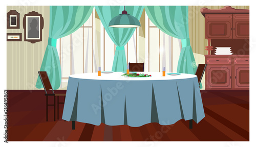 Cozy dining room with table vector illustration. Served table with blue cloth and hanging lamp above it. Home concept
