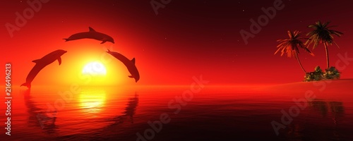 Playing dolphins on a sunset background. Tropical landscape with dolphins.  3D rendering © ustas
