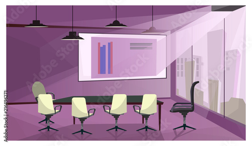 Modern business meeting room vector illustration. Projection screen with financial graphs image, chairs around table in office with panoramic window. Presentation concept