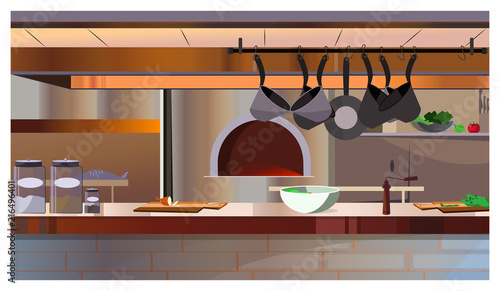 Restaurant kitchen with oven and counter vector illustration. Modern workspace with hanging cooking pans and crockery on table. Interior concept