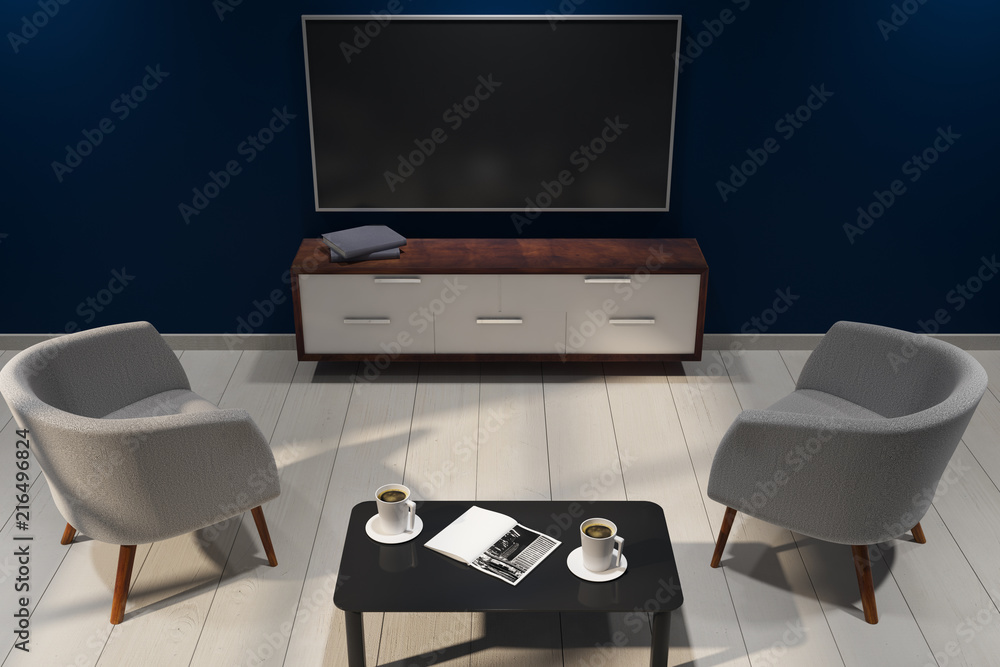Naklejka premium Modern dark interior with empty TV