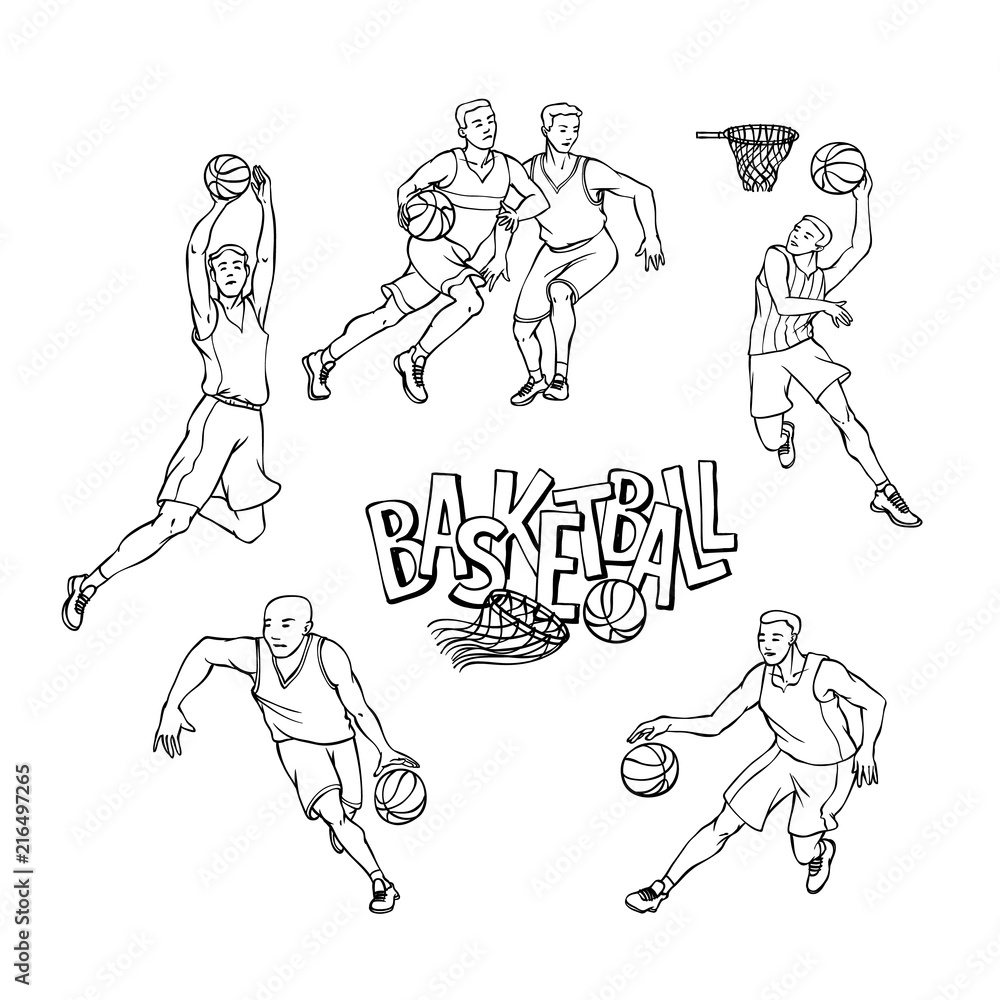 Fototapeta premium Vector set basketball players in sports uniform. Sportsmans motion with ball in different poses and race. Outline black white illustration and inscription painted letters