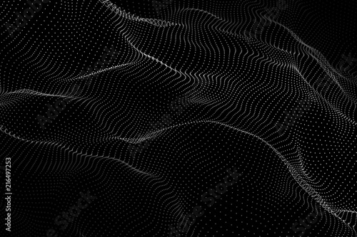 Wave of particles. Dark background. Abstract digital landscape with flowing particles. Big data. Futuristic wave 3d. Vector illustration.