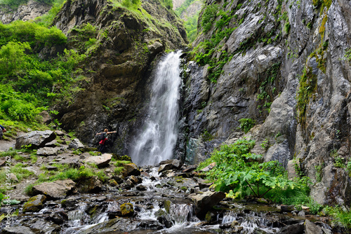 Gveleti Small Waterfalls being in a Dariali Gorge near the Kazbegi city in the mountains of the Caucasus  Geprgia