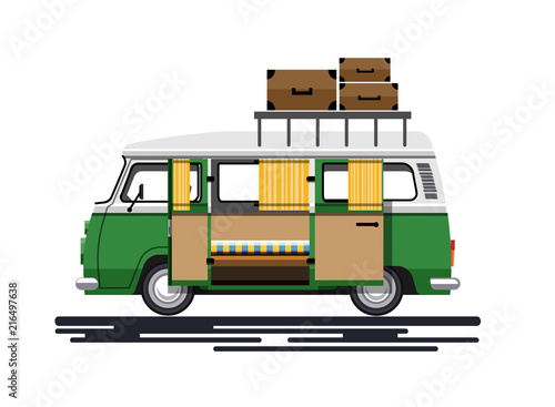 A car for traveling with luggage in a flat style. A small camper van. Isolated on white background. Vector illustration Eps10 file