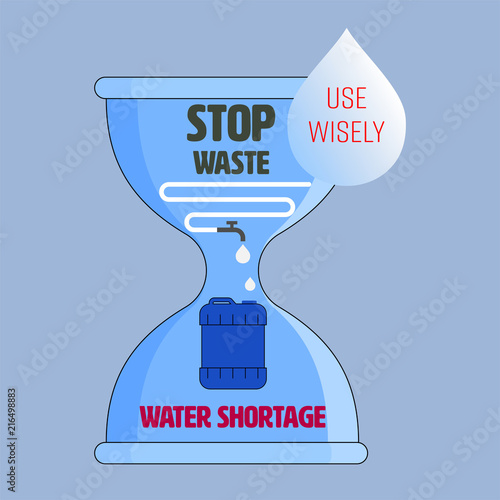Water drop and gallon container outline flat icon inside hourglass as gimmicks to demonstrate water crisis. Water shortage solution concept. vector illustration. 