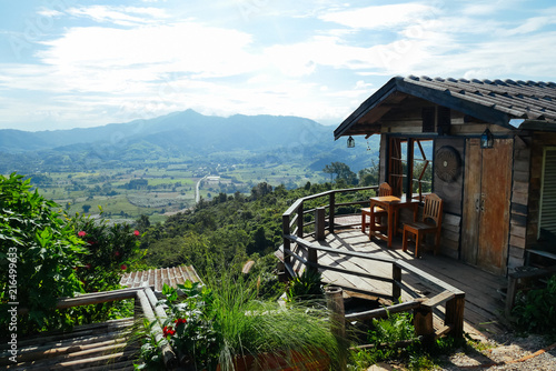 Coffee House on high overlooking the mountain view and fog in the morning, Thailand