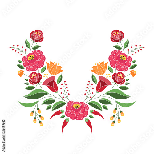 Hungarian folk pattern vector. Kalocsa floral ethnic ornament. Slavic eastern european print. Traditional embroidery flower design for gypsy home textile, pillow case, neckline woman clothing. photo