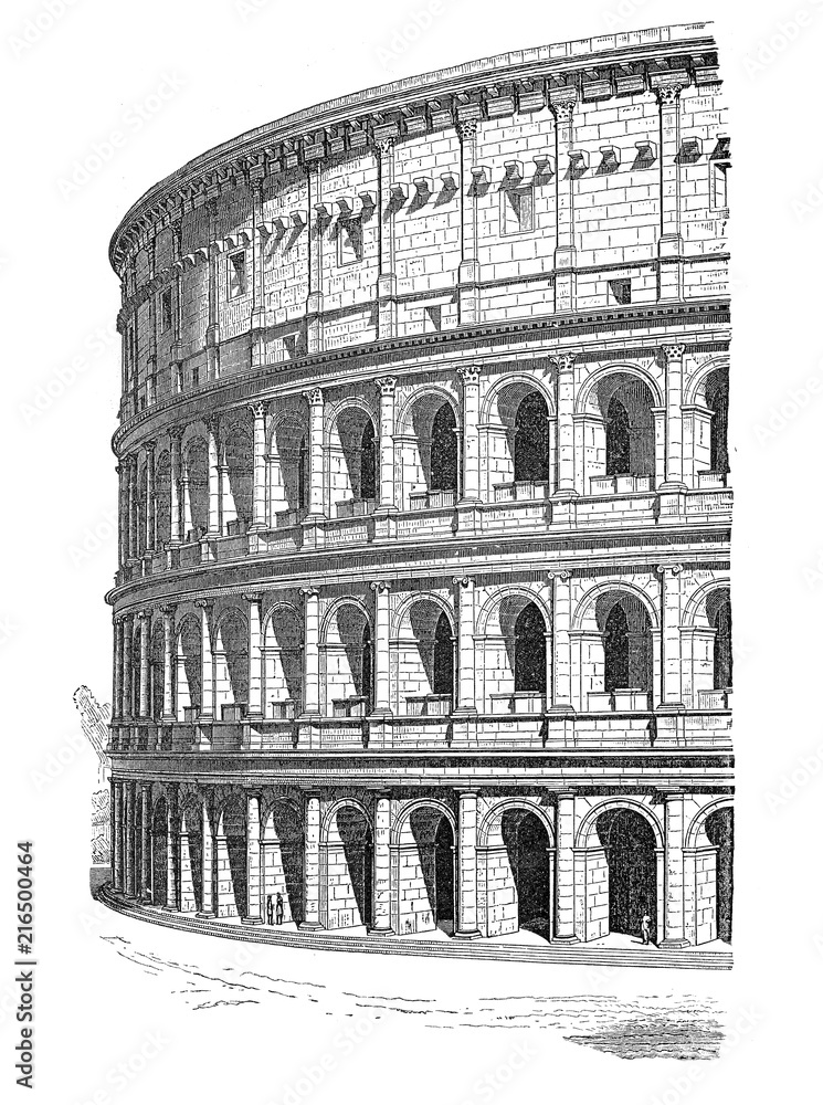 Rome, magnificent Colosseum amphitheater, vintage engraving