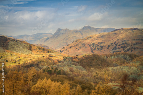 The Langdale Pikes from Holme Fell. English Lake District.