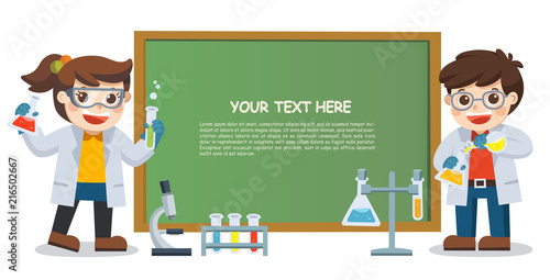 children doing science lab experiment with blackboard in chemistry class.