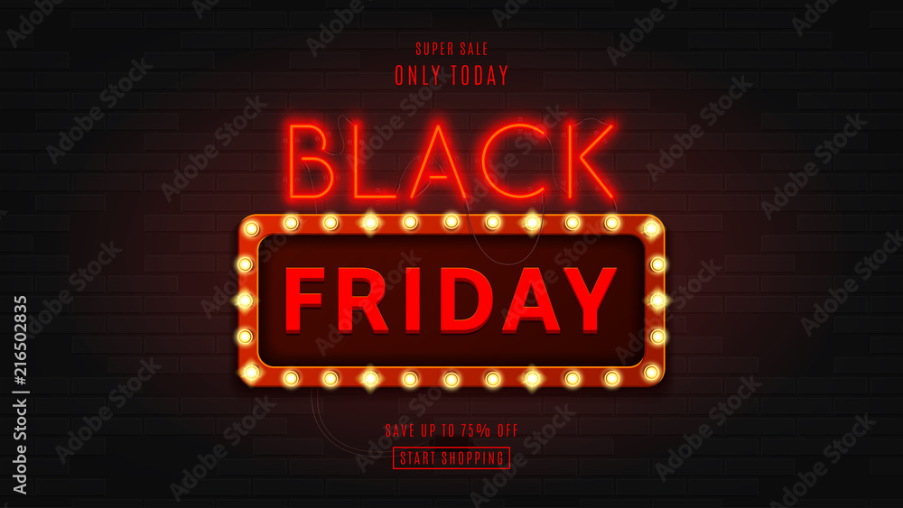 Web banner for black Friday sale. Modern neon red billboard with glowing banner on brick wall. Concept of advertising for seasonal offer with glowing lamps.