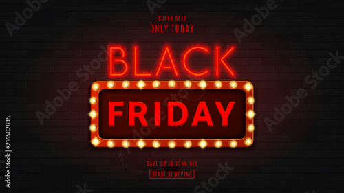 Web banner for black Friday sale. Modern neon red billboard with glowing banner on brick wall. Concept of advertising for seasonal offer with glowing lamps.