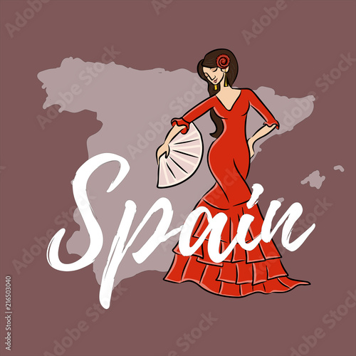 map of spain flat with flamenko dancing woman photo