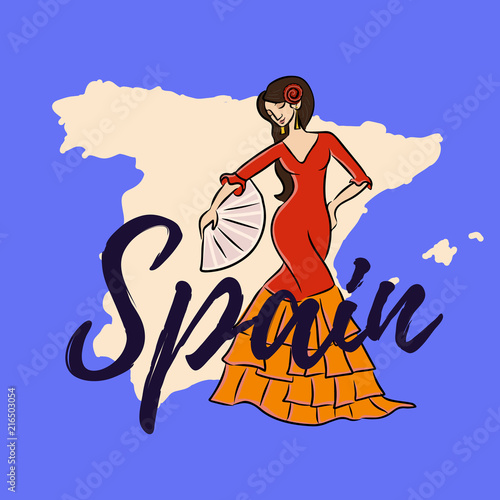 map of spain flat with flamenko dancing woman photo