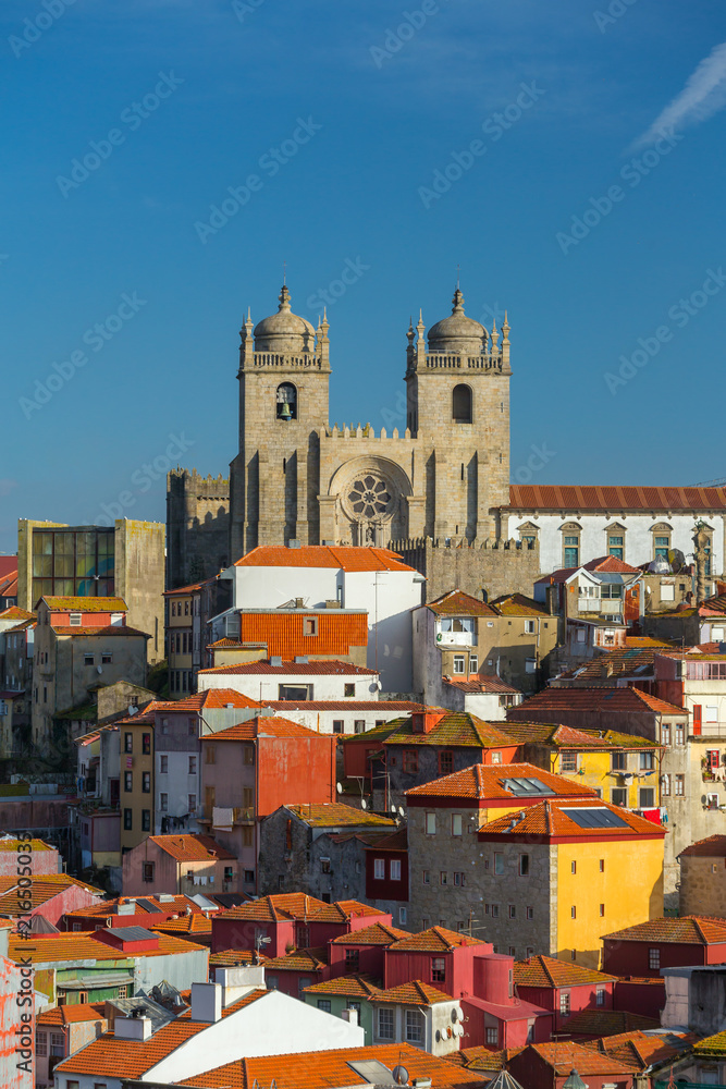 View of Ribeira the old town of Porto with the Cathedral, Portugal.