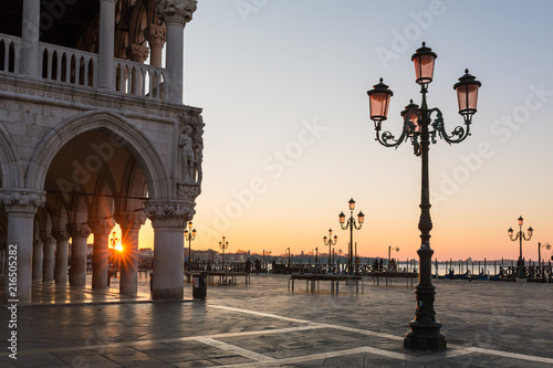 Beautiful Palace of doges on the San Marco square at sunrise in Venice, Italy
