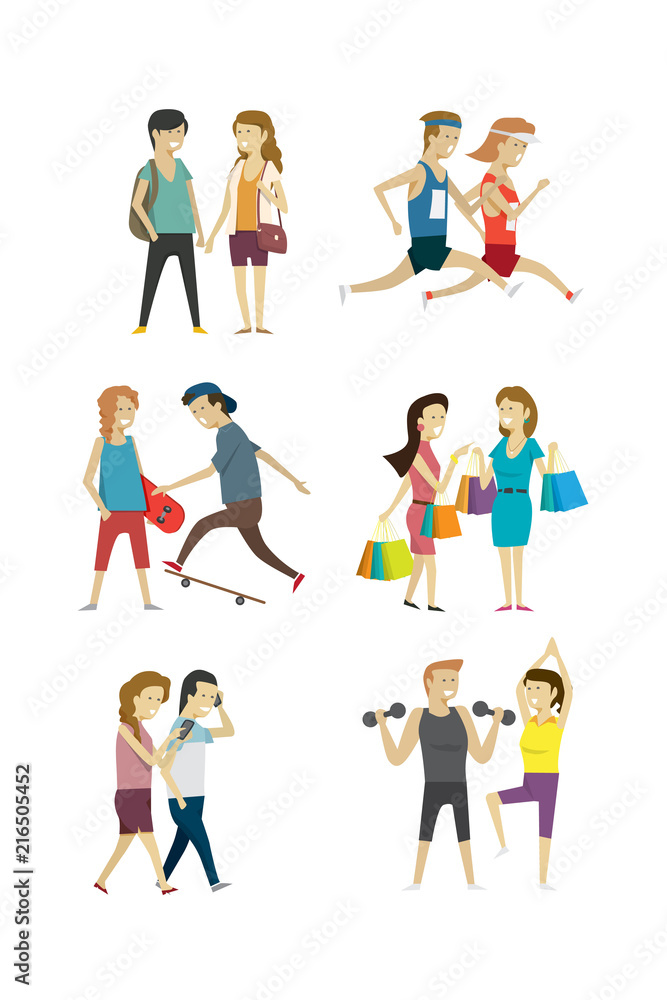 Group lifestyle people man and women a diverse collection, Shopping runner and health. illustration vector