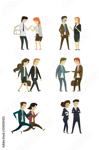 Group business people man and women characters set with working and handshaking, illustration vector
