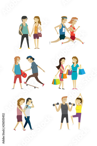 Group lifestyle people man and women a diverse collection  Shopping runner and health. illustration vector