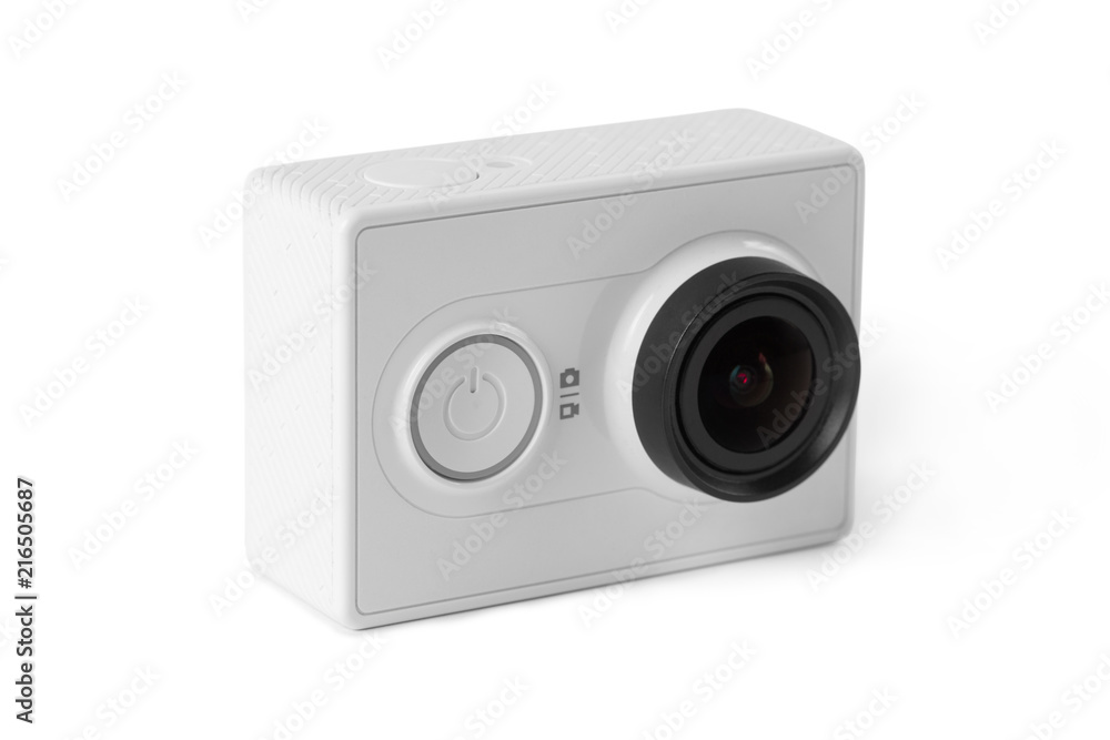 White action camera, isolated on white background White action camera, isolated on white background