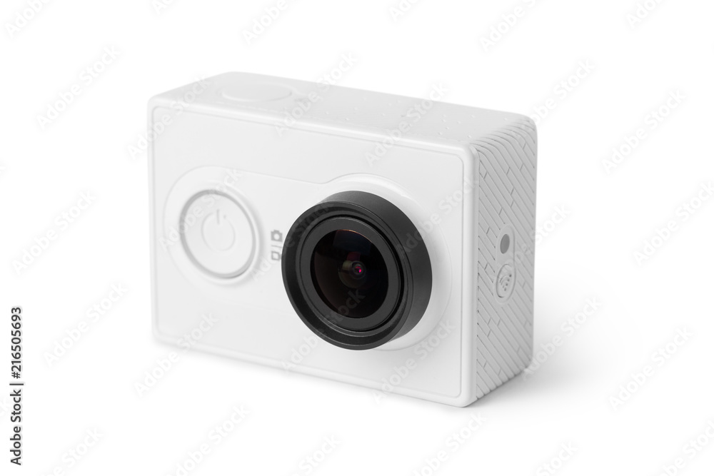 White action camera, isolated on white background White action camera, isolated on white background