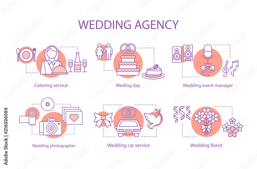 Wedding agency concept icons set Wedding agency concept icons set