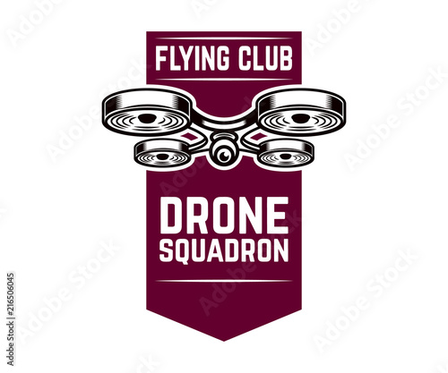 Emblem template with flying drone. Design element for logo, label, design.