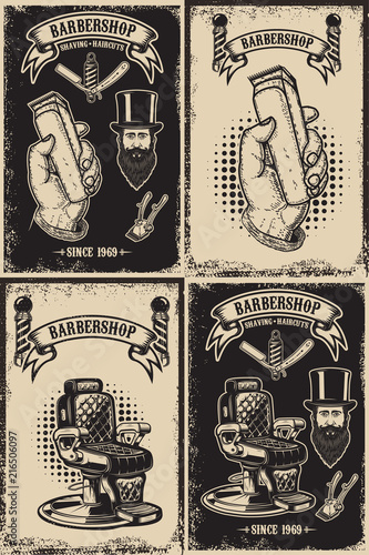 Set of barber shop poster templates. Design element for logo, label, emblem, sign, poster.