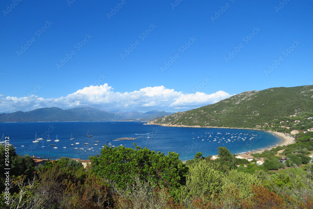 Campomoro beach, a deep blue sea and white sand surrounded by green hills, Corsica, France