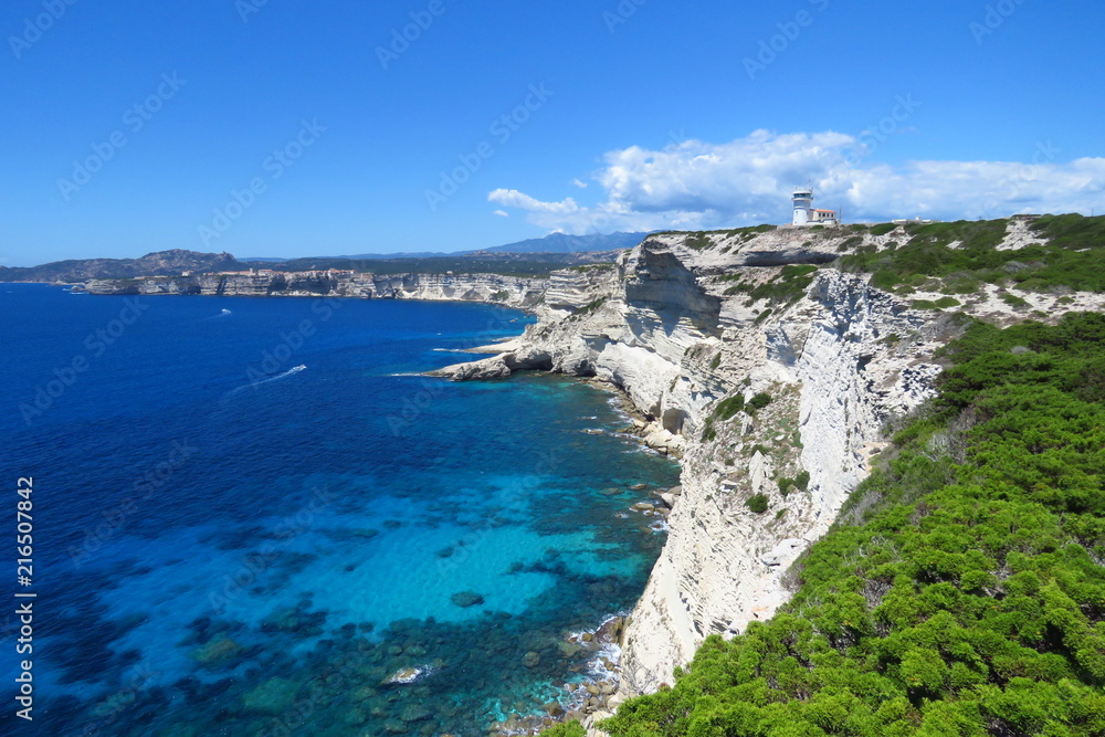 Deep blue sea and white cliffs at Bonifacio,  Corsica, France