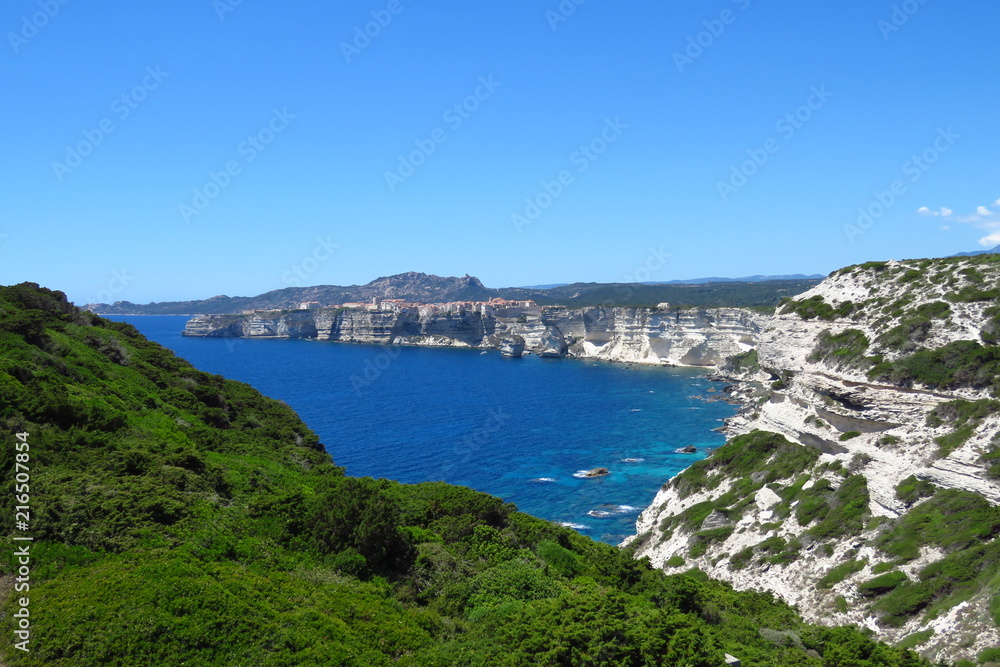 Deep blue sea and white cliffs at Bonifacio,  Corsica, France