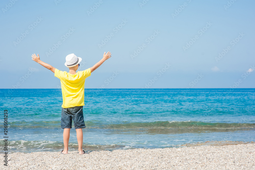 Little boy raising arms enjoying on the beach. Space for text Little boy raising arms enjoying on the beach. Space for text