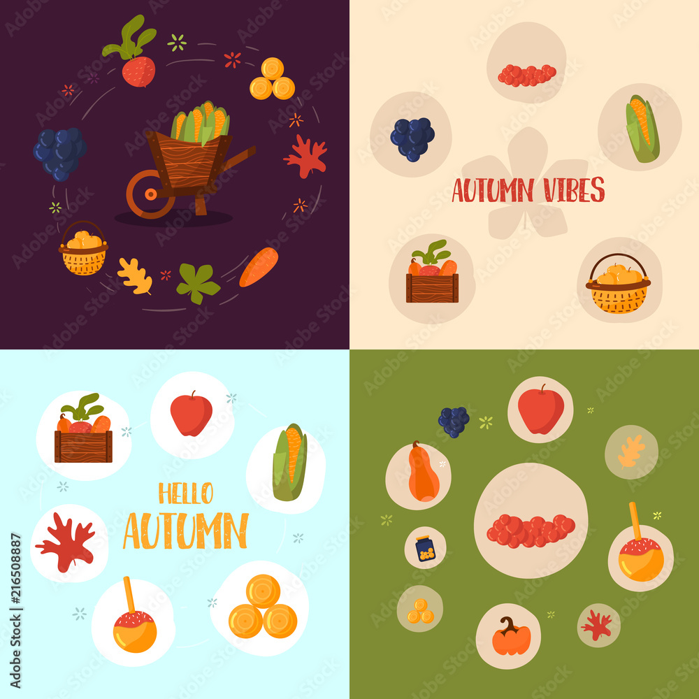 Autumn harvest banner, infographics design concept in Flat Style. Vector Illustration. Fall objects on circles